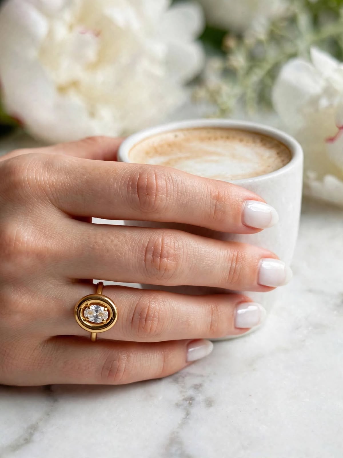 Anel Solitário Peônia, dourado e zircônia oval, ao lado de um café